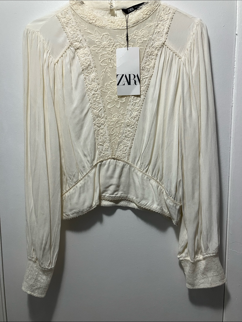 Zara Cream Lace Panel Victorian-Inspired Blouse